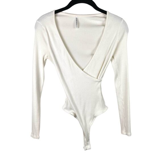Lulus White Ribbed Knit Long Sleeve Bodysuit Faux Wrap Minimalist Size S - Picture 1 of 6